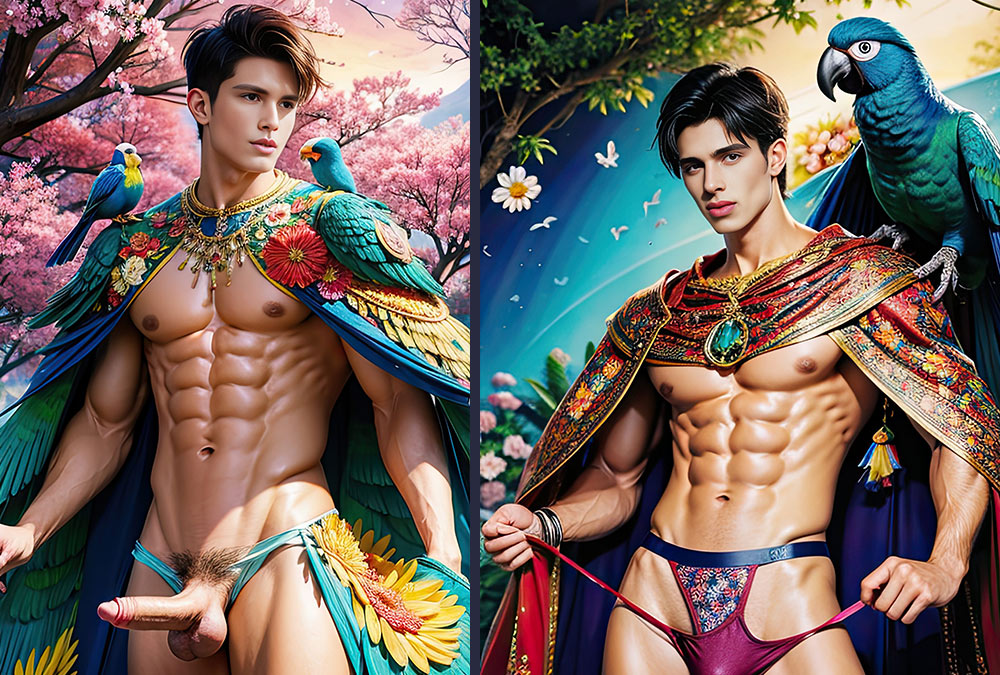 AI MEN WORLD Models Posing with Parrots